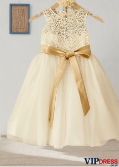 Sleeveless Tulle Flower Girl Dress with Bowknot – Floor-Length A-Line Princess Gown