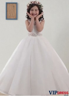 Elegant Tulle Ball Gown Flower Girl Dress with Sash for Wedding