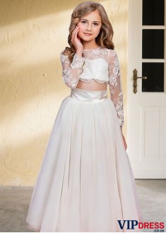Elegant Jewel Neck Chiffon Flower Girl Dress – Floor-Length A-Line Princess Style