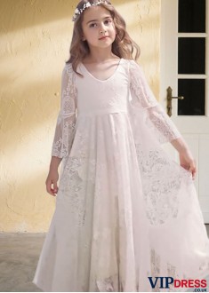 Lace V-Neck Long Sleeves Floor Length Flower Girl Dresses