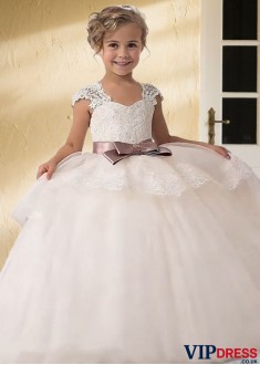 Elegant Sleeveless Tulle Ball Gown Flower Girl Dress – Straps & Sash Detail