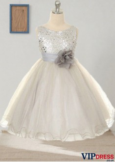 Organza Jewel Neck Ball Gown Flower Girl Dress with Hand-Made Flowers