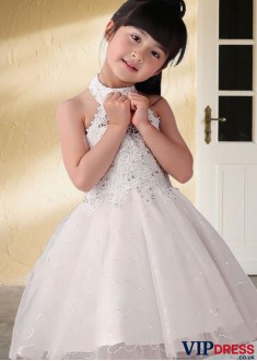 Tulle Halter Knee-Length A-Line Flower Girl Dress with Beading