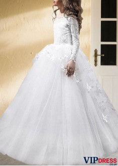 Floor-Length Tulle Ball Gown Flower Girl Dress with Long Sleeves