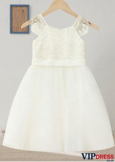Flower Girl Dress | Scoop Neck Sleeveless Lace Tulle A-Line Princess Gown