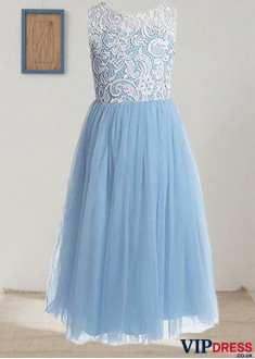 Jewel Neck Lace Flower Girl Dress A-Line Princess Floor Length