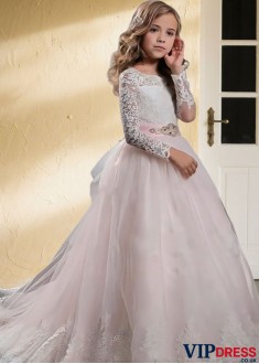 Elegant Long Sleeve Tulle Flower Girl Dress – Lace Ball Gown with Jewel Neckline