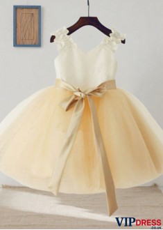 Tulle Straps Floor-Length Flower Girl Dresses with Ribbon