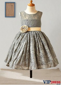 Elegant Tea-Length Lace Flower Girl Dress – Handmade Floral A-Line Princess Style