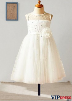Elegant Tea-Length Tulle Flower Girl Dress with Scoop Neck & Handmade Floral Details