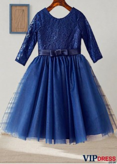 Elegant Long Sleeve Lace & Tulle Flower Girl Dress – Tea-Length Princess Style