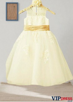 Elegant Tea-Length Tulle Flower Girl Dress with Lace – Scoop Neck & Sleeveless