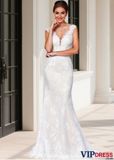 Lace Mermaid Wedding Dress V-Neck and Cap Sleeves – Sheath Bridal Gown