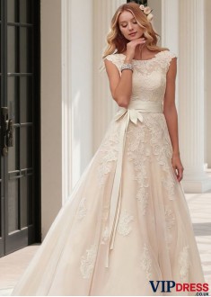 Budget-Friendly Tulle Satin A-Line Bridal Dress with Chapel Train
