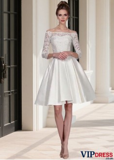 Elegant Off Shoulder Lace Satin Short Beach Wedding Dress with Illusion Sleeves