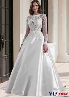 Elegant Long Sleeve Illusion Bateau Neck Tulle Satin A-Line Wedding Dress for Bride
