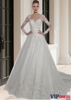 Elegant Jewel Neck Tulle A-Line Ball Gown with Illusion Long Sleeves