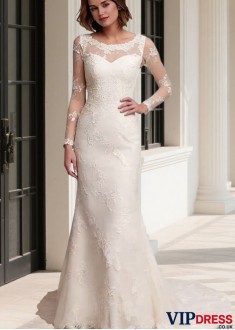 Elegant Lace & Satin Sheath Wedding Dress – Illusion Long Sleeve Beach Bridal Gown