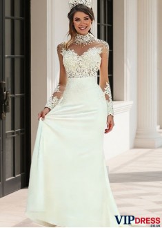 Long Sleeve Illusion Neckline Sheath Bridal Gown with Sweep Train
