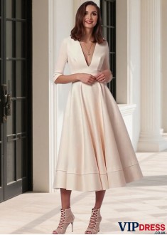 Taffeta Half Sleeve Tea Length Wedding Dress – V Neck A Line Bridal Gown