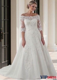 Off-the-Shoulder Tulle A-Line Wedding Dress with Half Illusion Sleeves