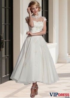 High Collar Tulle A Line Ankle Length Beach Wedding Dress for Brides