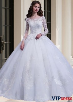 Scoop Neck Tulle Cathedral Train Ball Gown Bridal Dress