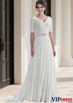 Sheath Chiffon Beach Wedding Dress with Short T-Shirt Sleeves
