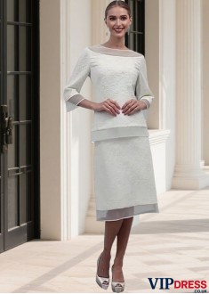 Tea Length Beach Wedding Dresses UK Scoop Neckline and 3/4 Sleeves