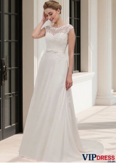Jewel Beach Wedding Dresses – Cap Sleeves Bridal Gown Online