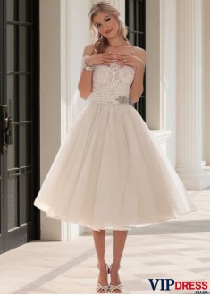 Off-the-Shoulder Tea Length Tulle Wedding Dress with Half Illusion Sleeves