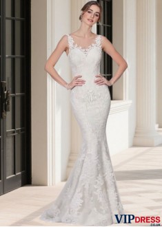 Sleeveless Mermaid Beach Lace Wedding Dress with Jewel Neckline