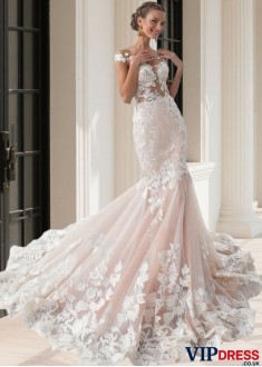 Jewel Neck Tulle Mermaid Wedding Dress with Chapel Train Elegant Bridal Gown