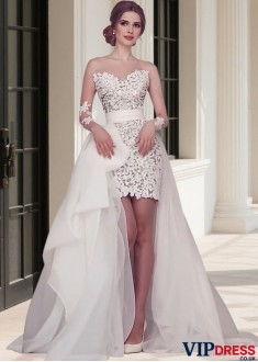 Beach Hi-Lo Jewel Neckline Long Sleeves Sheath Wedding Dress