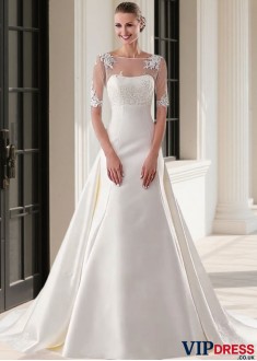 Bateau Half Sleeve Chapel Train Dress