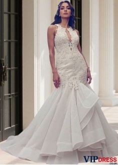 Jewel Neck Tulle and Organza Mermaid Ball Gown Wedding Dress
