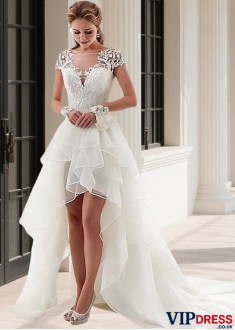 Bateau Neck Hi Lo Beach Wedding Dress
