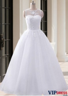 Jewel Neck Tulle Wedding Dress – Sleeveless Simple Bridal Gown