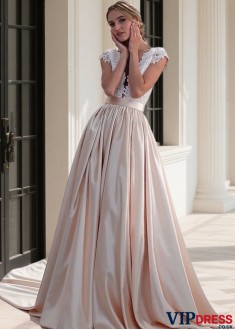Boho Beach Wedding Dress Tulle Stretch Charmeuse Satin Bateau Neck A-Line Bridal Gown