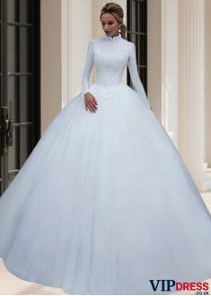 Elegant Satin High Neck Ball Gown Bridal Dress with Chapel Train