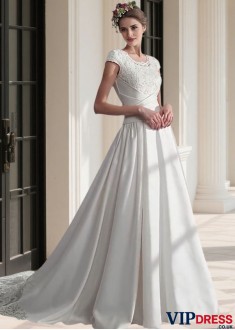 Satin Beach Wedding Dress – Cap Sleeves & Dropped Waist Ball Gown