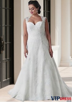 Plus Size A-Line Bridal Gown with Cap Sleeves and Chapel Train