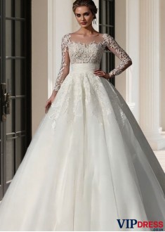 A-Line Ball Gown with Illusion Long Sleeves Cathedral Train