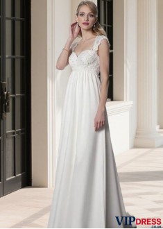 Elegant Lace & Chiffon Empire Waist Beach Wedding Dress with Portrait Neckline