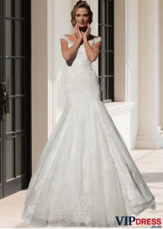 Elegant Tulle Lace V-Neck Mermaid Wedding Dress with Chapel Train
