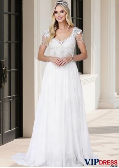 V Neck Short Sleeve Beading A-Line Bridal Gown