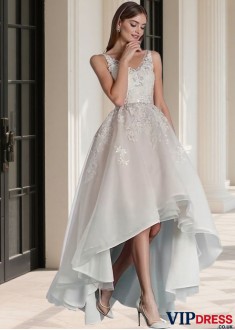 Tulle Asymmetrical Hi-Lo Beach Wedding Dress Sleeveless A-Line Silhouette