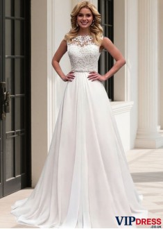 Short Sleeve Bateau Neck A-Line Chiffon Bridal Gown