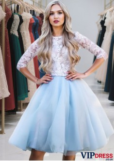 Beach Knee-Length A-Line Prom Dress with Half Sleeves and Jewel Neckline