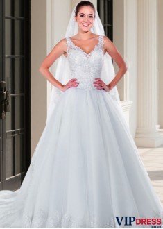 Plus Size V-Neck Tulle A Line Wedding Dress Sleeveless Chapel Train